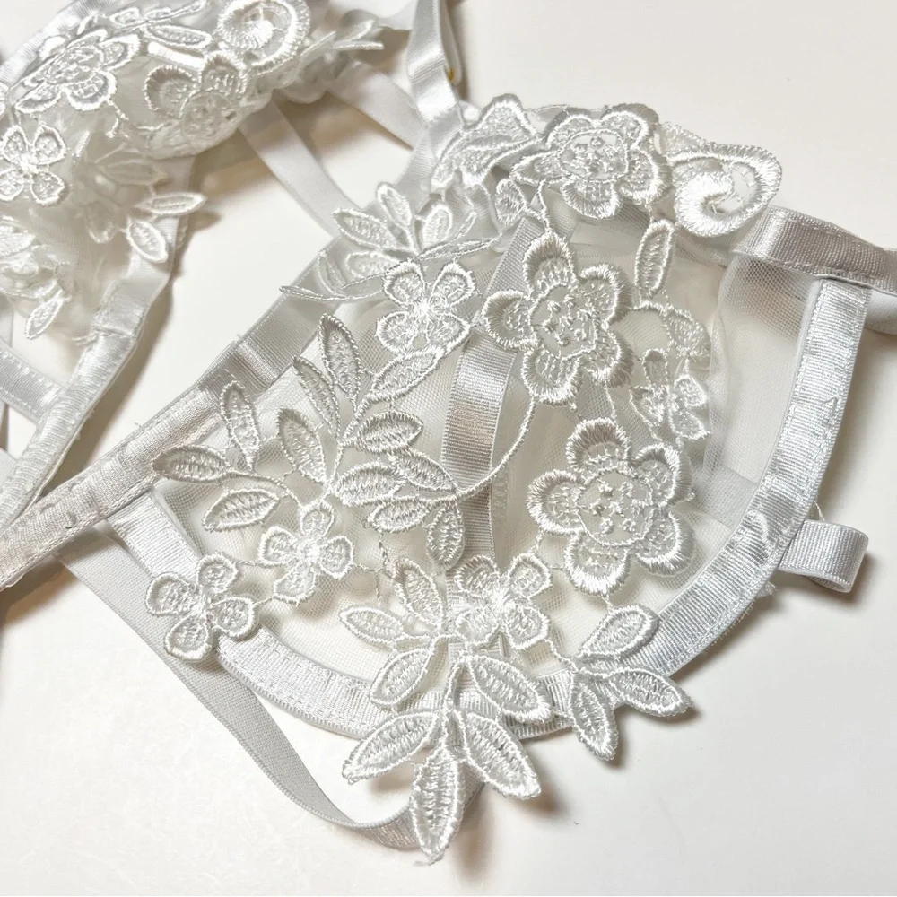 Sheer Floral Lace Strappy Bra & Panty Set - White